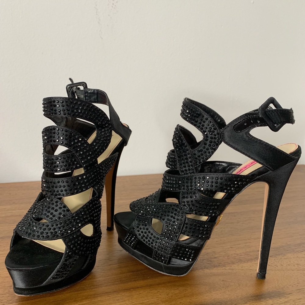 BETSY JOHNSON SATIN GEMSTONE HEELS